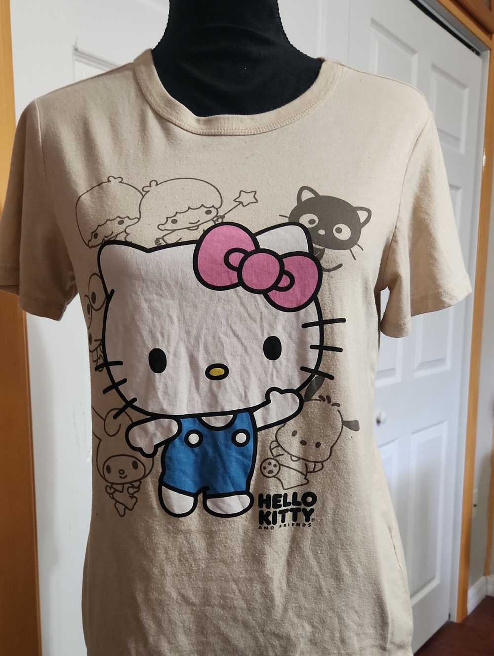 Hello Kitty Beige Tee with Pink Bow and Blue Overalls